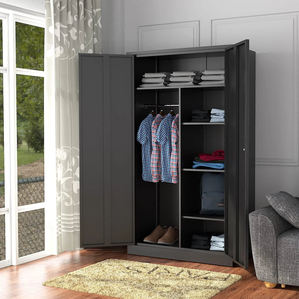 Metal Storage Cabinets Locker with Lock Door, 72'' Clothing Coat Steel Storage Freestanding Wardrobe for Office, Home, School, Employee,Gym,Fire Department (1PC-Black)(Black)