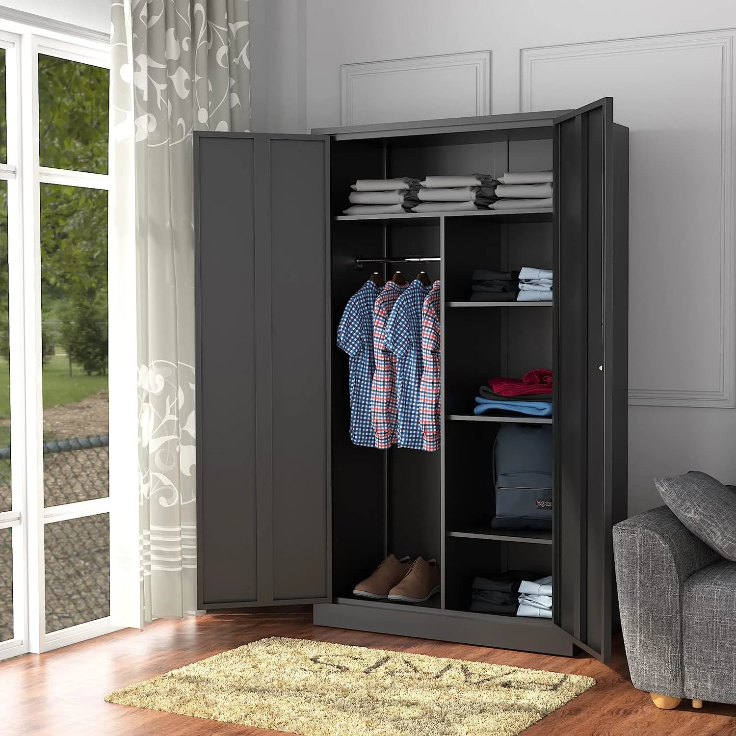 Metal Storage Cabinets Locker with Lock Door, 72'' Clothing Coat Steel Storage Freestanding Wardrobe for Office, Home, School, Employee,Gym,Fire Department (1PC-Black)(Black)