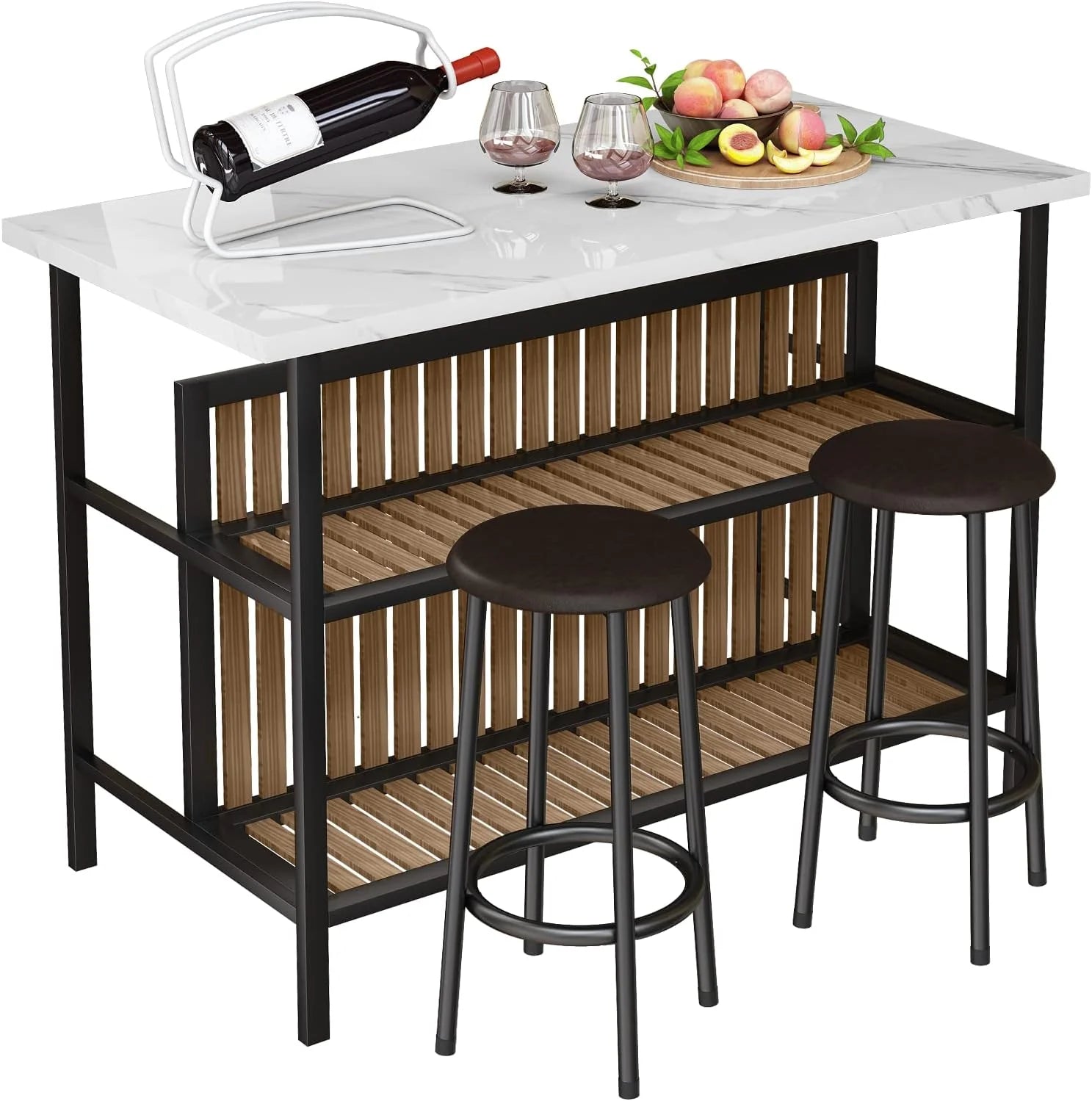 Kitchen Island with Seating  Storage Shelf, Faux Marble Island Table for Kitchen, Modern Bar Table and Chairs Set for 2,Dining Table Set for Small Space,White