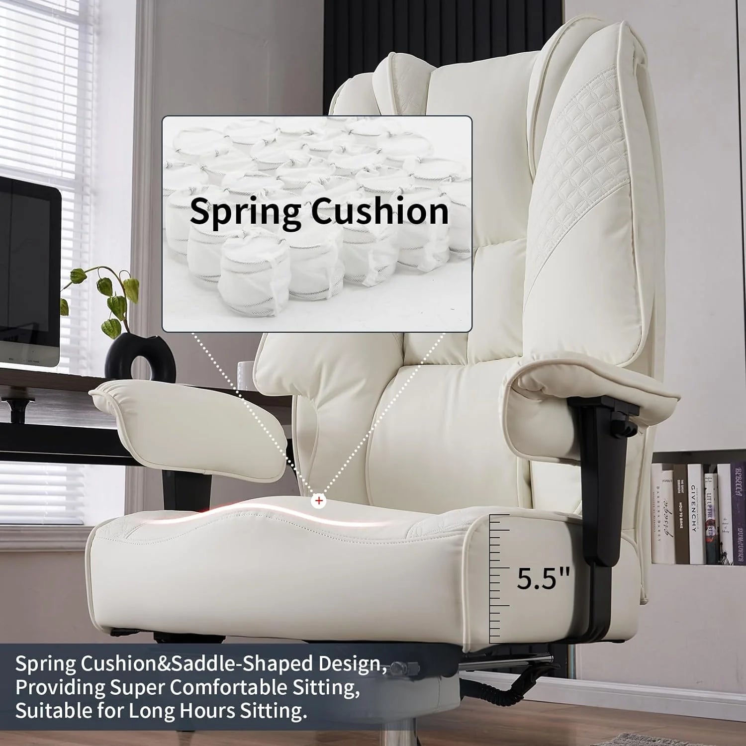 Large Tall Office Chair 400 lbs Wide Seat, Leather High Back Executive Office Chair with Footrest, Ergonomic Office Chair Lumbar Support to Relieve Lower Back Pain (Beige)(Grey)