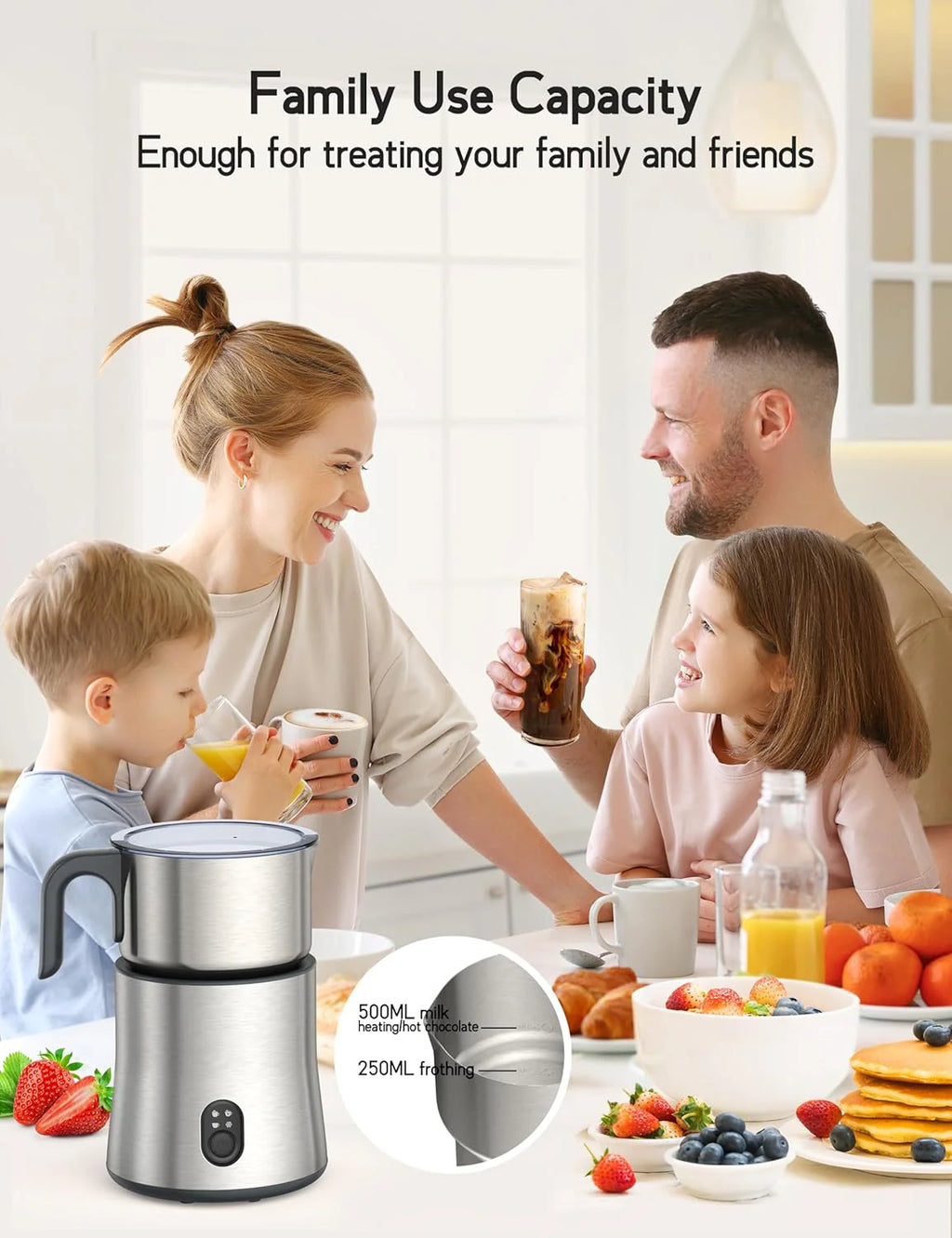 Milk Frother and Steamer, 4 IN 1 Frother for Coffee 16.9OZ, Hot Chocolate Maker, Detachable Milk Warmer, Hot/Cold Foam Maker, Dishwasher Safe, Frother for Coffee, Latte, Cappuccino