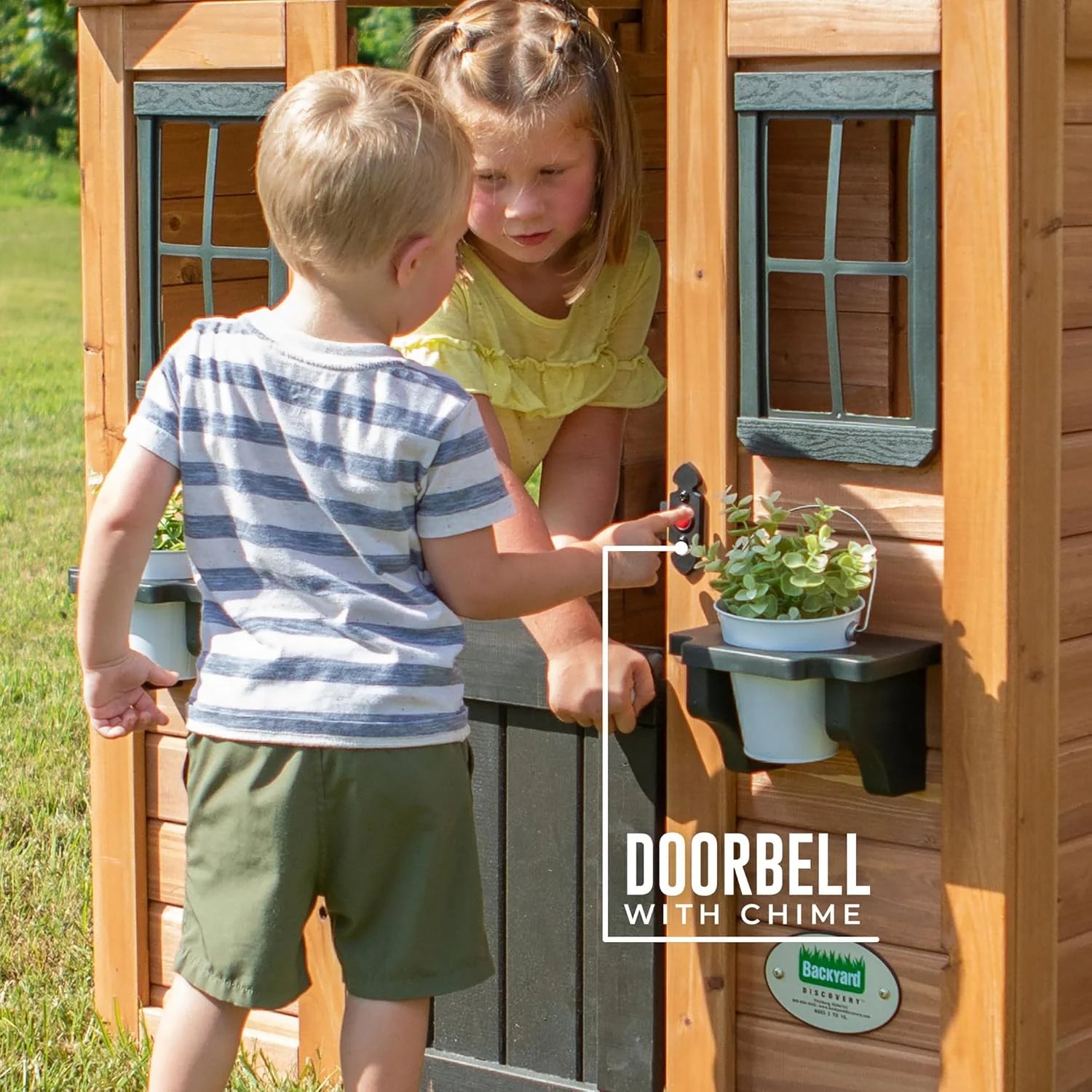 Children's playhouse cabin, equipped with a game kitchen, snack bar, half-door, toy phone, windows, flower pot stand and an operable doorbell, suitable for creative outdoor games.(Light Brown)