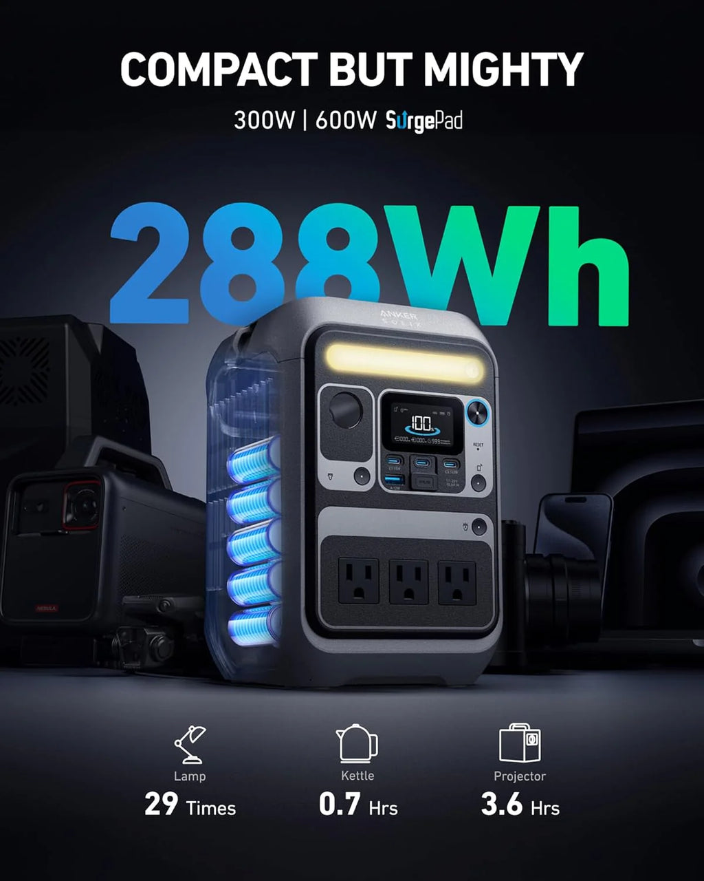 Anker Solar Generator SOLIX C300 with 60W Solar Panel, 288Wh Portable Power Station, 300W (600W Surge), LiFePO4 Battery, 140W Two-Way Fast Charging, for Outdoor Camping, Traveling, and Emergencies(Anker SOLIX C300+60W Solar Panel)