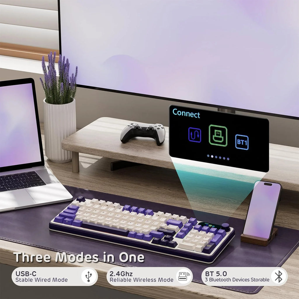 Mechanical Keyboard w/Smart Display  Knob, Top Mount 96% Wireless Mechanical Keyboard BT/2.4G/USB-C, Hot Swappable, Software Support, Creamy Sounding, 98 Keys(Linear Viridian Switch/Lavender Purple)