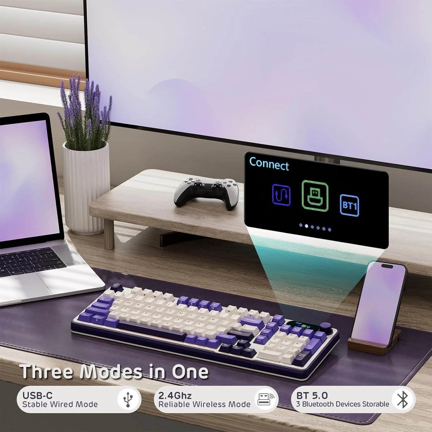 Mechanical Keyboard w/Smart Display  Knob, Top Mount 96% Wireless Mechanical Keyboard BT/2.4G/USB-C, Hot Swappable, Software Support, Creamy Sounding, 98 Keys(Linear Viridian Switch/Lavender Purple)