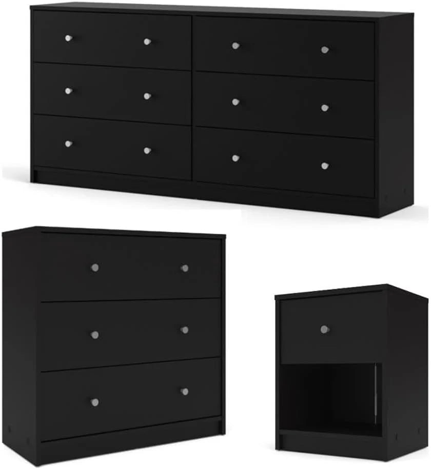 3-Pc Scandinavian Design Engineered Wood Bedroom Furniture Set with 3-Drawer Chest  6-Drawer Double Dresser  1-Drawer Nightstand, Pewter Plastic Handles, Smooth Plastic Glides, in Black(3)