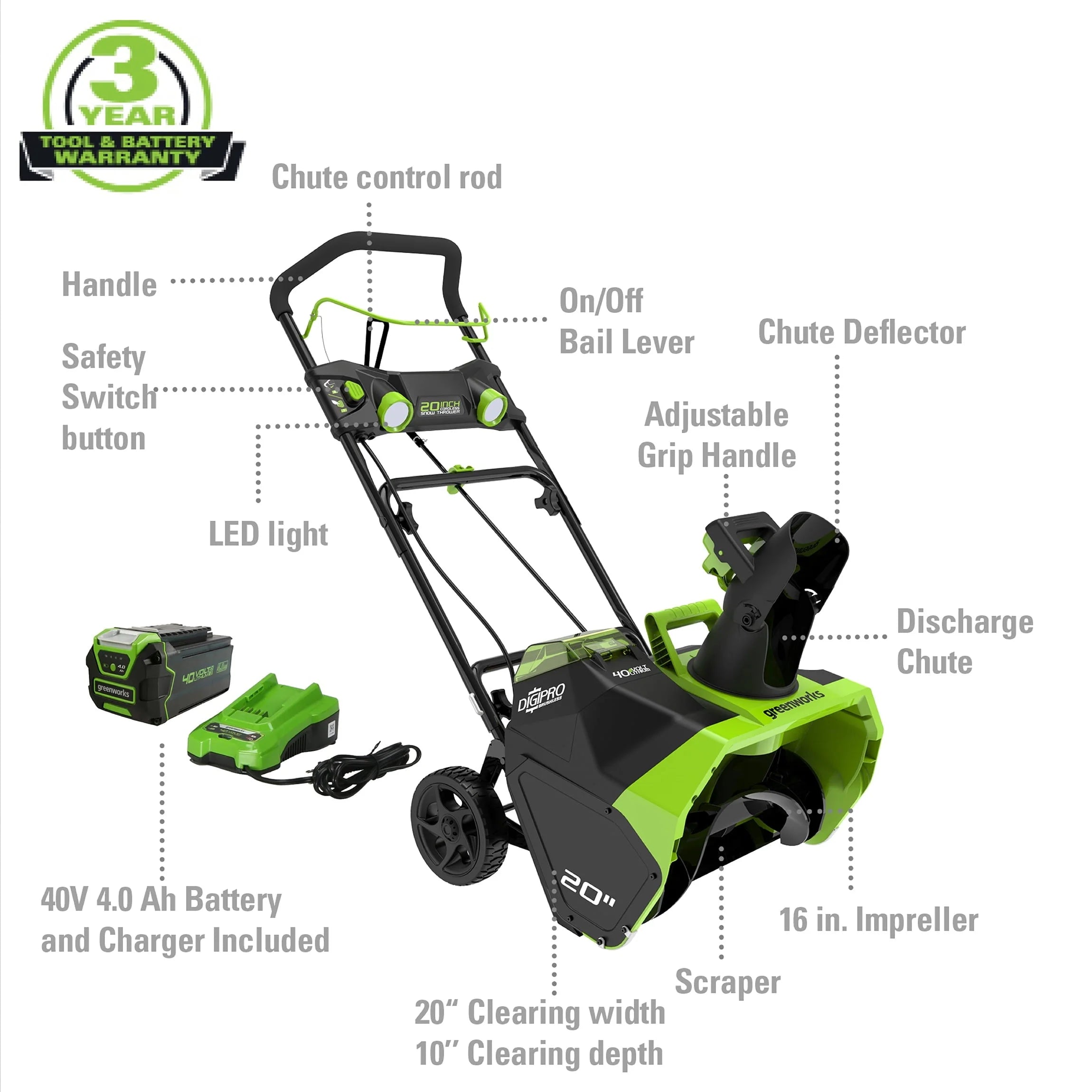 Greenworks 40V 20 Cordless Brushless Snow Blower with 4.0 Ah Battery  Charger, LED Lights, 180° Chute