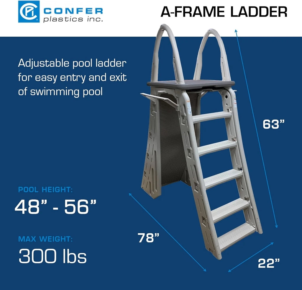 Confer Plastics 7200 Roll Guard 48" to 56" Adjustable A Frame Safety Ladder for Above Ground Outdoor Patio Swimming Pool Platform Ladder with Step Barrier, Warm Grey…(Warm Grey)