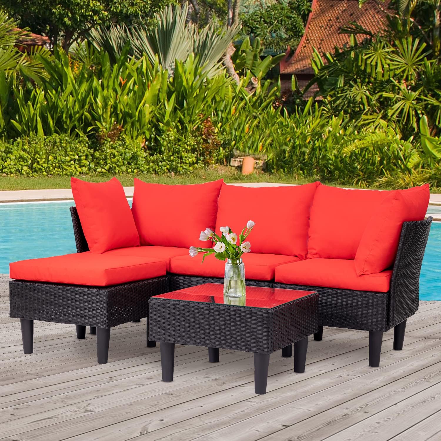 FDW Patio Furniture Set 4 Pieces Outdoor Rattan Chair Wicker Sofa Garden Conversation Bistro Sets for Yard,Pool or Backyard(Red)