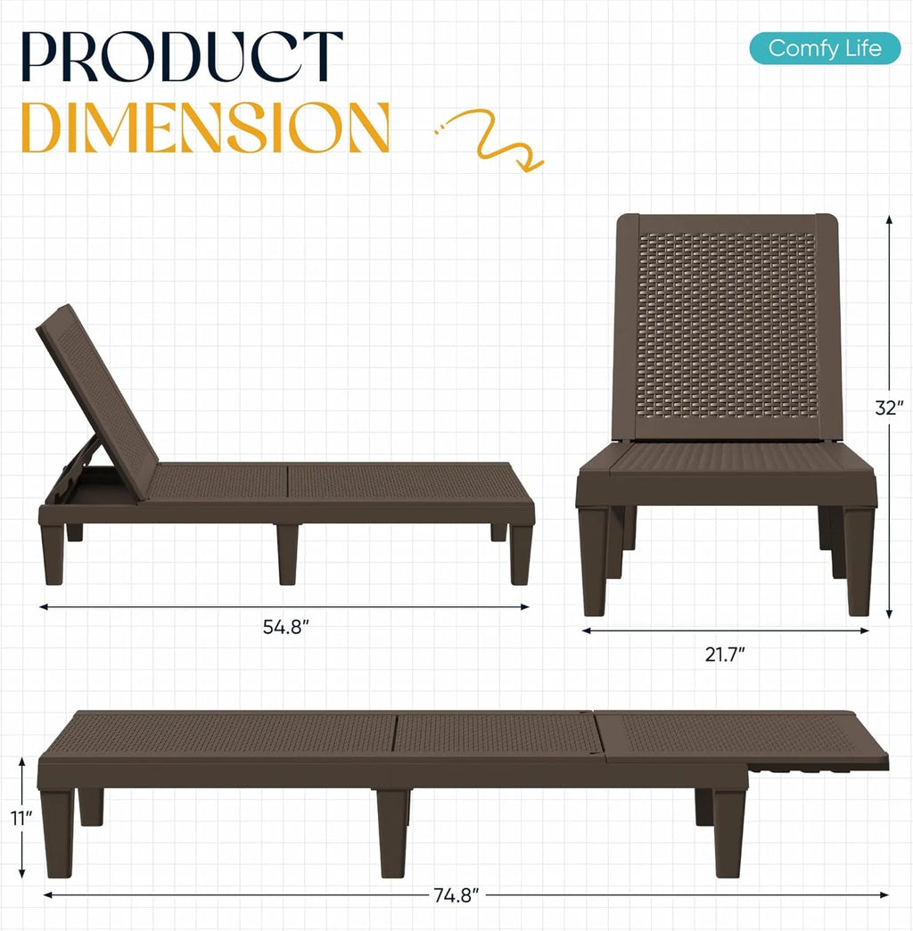 Outdoor Chaise Lounge Chair Set of 2 for Patio Poolside, Waterproof  Adjustable  Easy Assembly Sun Lounger for Outside Deck, Pool, Beach, Black(Set of 4/Brown)