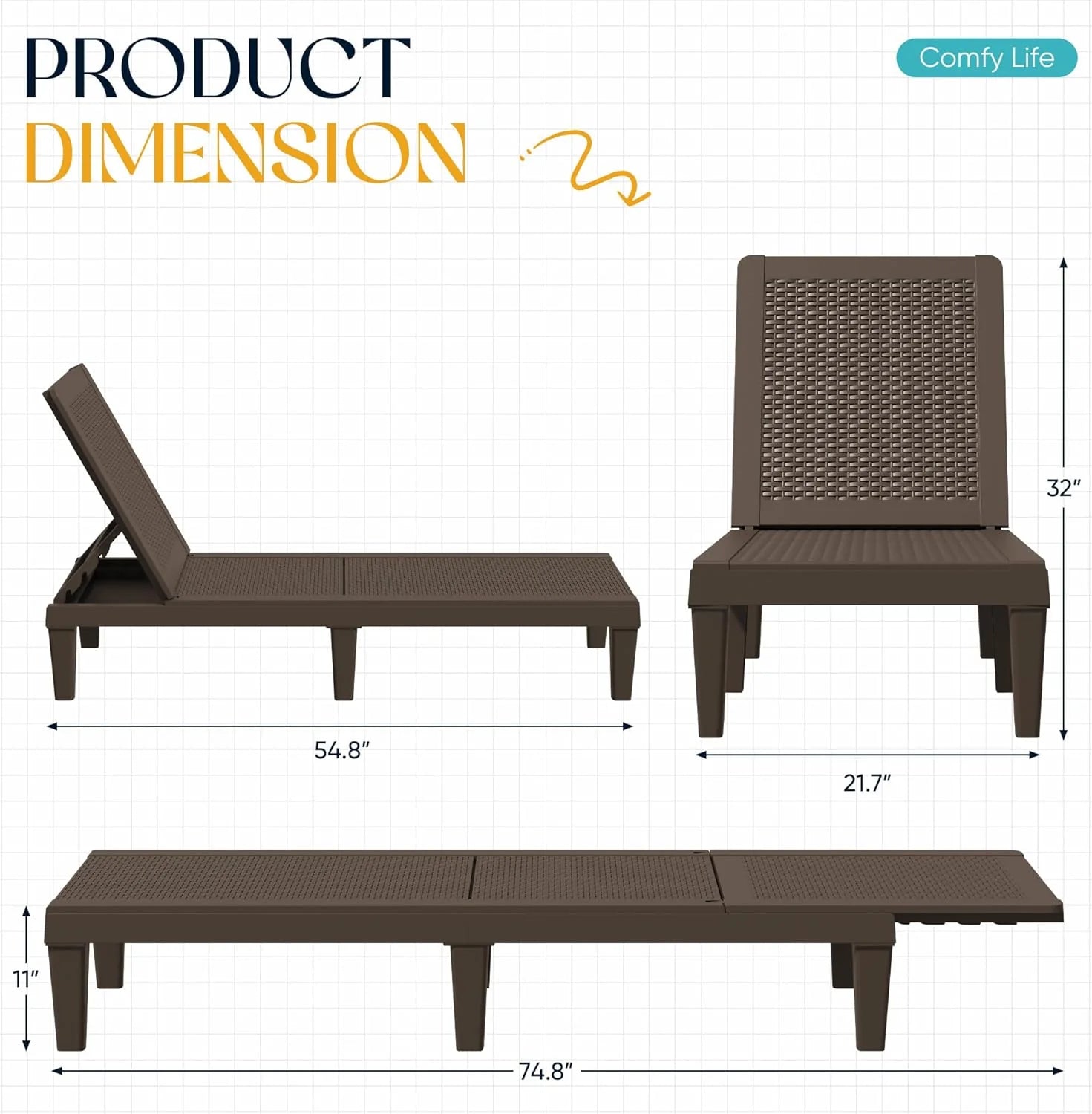 Outdoor Chaise Lounge Chair Set of 2 for Patio Poolside, Waterproof  Adjustable  Easy Assembly Sun Lounger for Outside Deck, Pool, Beach, Black(Set of 4/Brown)