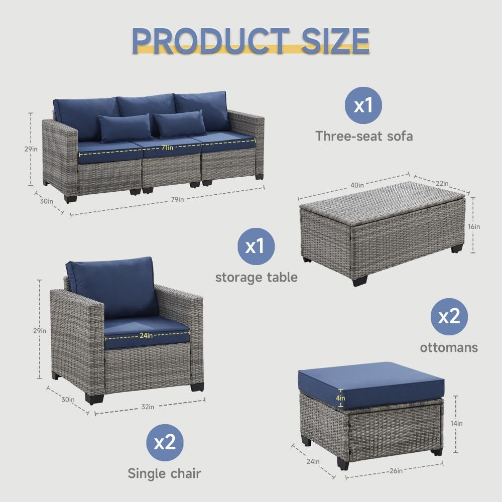 6 Pieces Outdoor Patio Furniture Sets with Furniture Cover, PE Rattan Wicker Patio Conversation Set with Tea Table (Peacock Blue, Rattan Storage Table)(Peacock Blue/Rattan Storage Table)