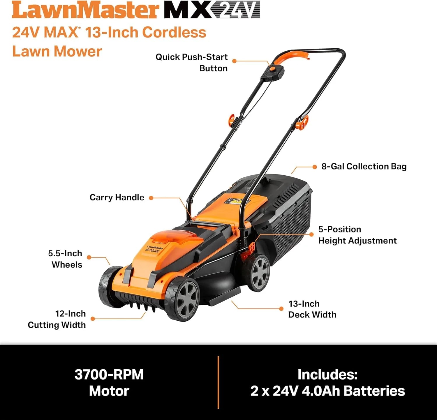 LawnMaster Cordless 13-Inch Lawn Mower 24V Max with 2X4.0Ah Battery and a Charger(21inch with 4 battery)