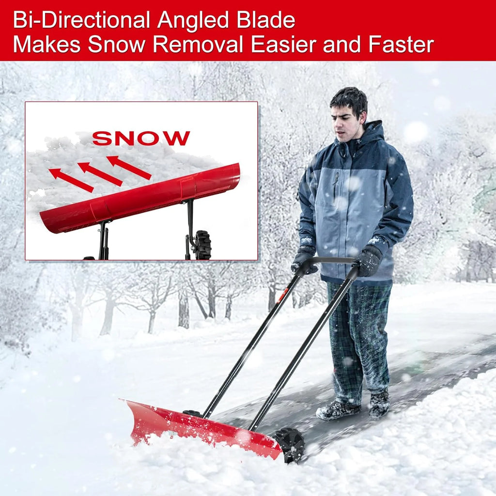 38 Inch Snow Shovel for Driveway,Bi-Direction Heavy Duty Snow Pusher with Wheels and Angled Blade for Efficient Snow Removal, Back Saver Snow Plow for Dorway Sidewalk - Big Wheels