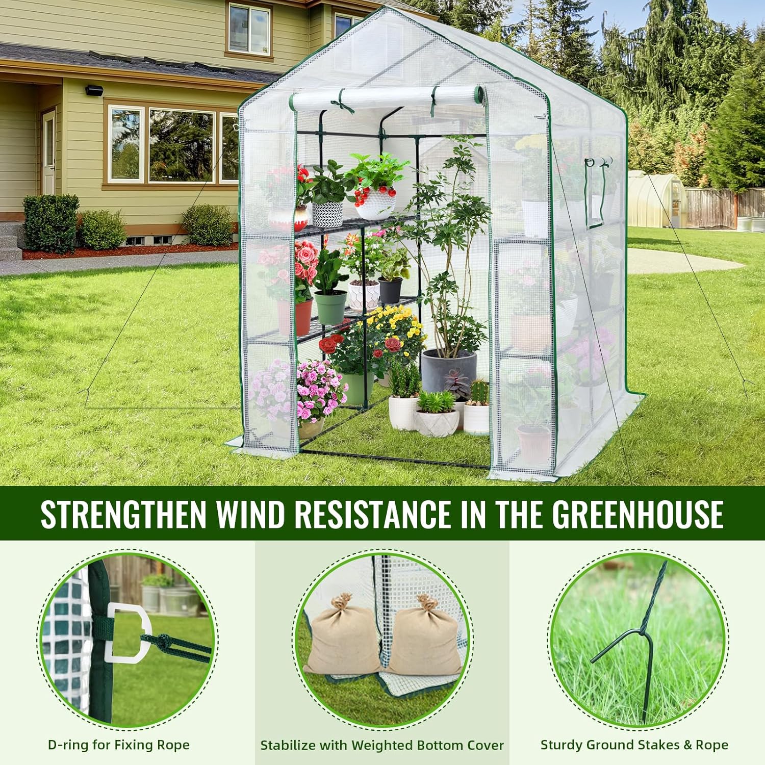 Greenhouse, 57 x 85 x 76'' Greenhouses for Outdoors, Portable Greenhouse Kit with Mesh Side Windows, PE Cover, 8 Shelves, Heavy Duty Walk in Green House for Backyard Garden Indoor Outside(Style-4)