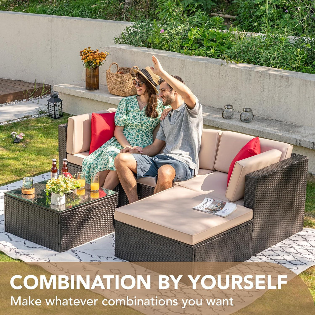 Devoko 5 Pieces Patio Furniture Sets All Weather Outdoor Sectional Patio Sofa Manual Weaving Wicker Rattan Patio Seating Sofas with Cushion and Glass Table(Beige)(Blue/5 Pieces set)