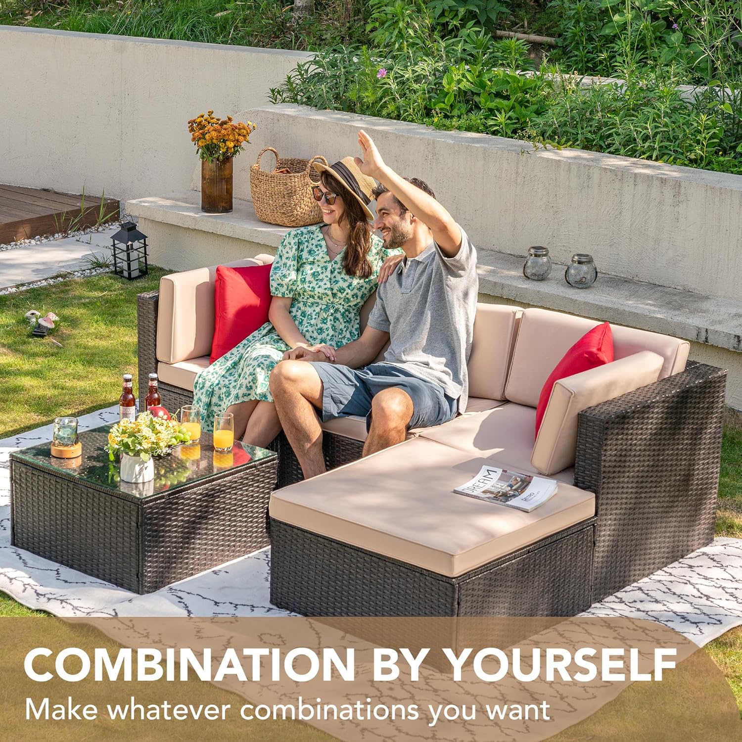 Devoko 5 Pieces Patio Furniture Sets All Weather Outdoor Sectional Patio Sofa Manual Weaving Wicker Rattan Patio Seating Sofas with Cushion and Glass Table(Beige)(Blue/5 Pieces set)