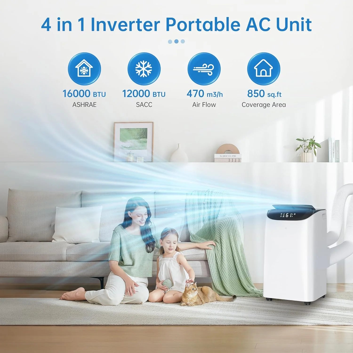 Portable Air Conditioner Cools Up to 700 Sq.Ft, 3-IN-1 Energy Efficient Portable AC Unit with Remote Control  Installation Kits for Large Room, Campervan, Office, Temporary Space(14，000 BTU)