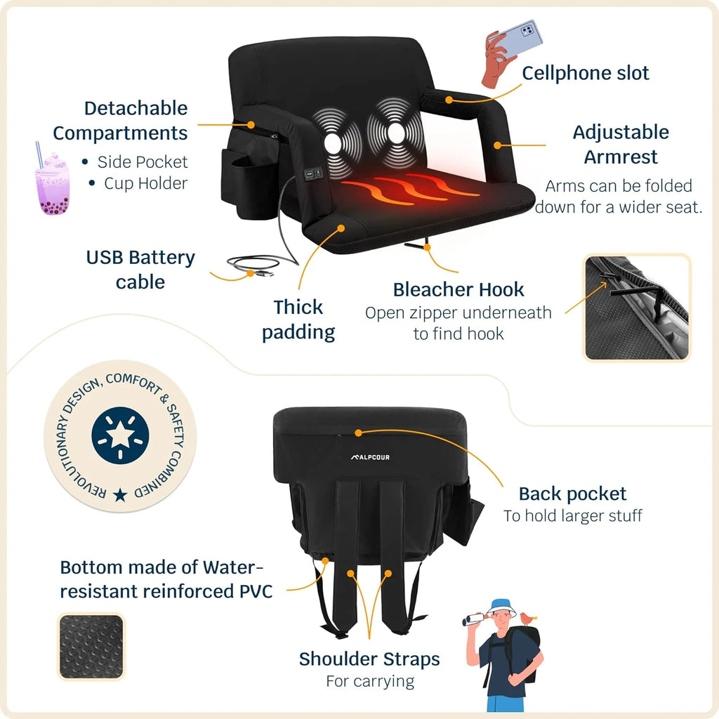 Heating Massage Stadium Seat – Deluxe Reclining Bleacher Chair with Back  Arm Support – Built-in Heater and Massager - Extra Thick, Lightweight and Waterproof with Detachable Pockets(Wide/Deluxe)