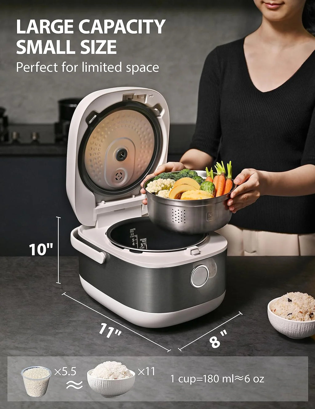Rice Cooker Induction Heating, with Low Carb Rice Cooker Steamer 5.5 Cups Uncooked - Japanese Rice Cooker, 8 Cooking Functions, 24-Hr Timer and Auto Keep Warm, White(Silvery white)