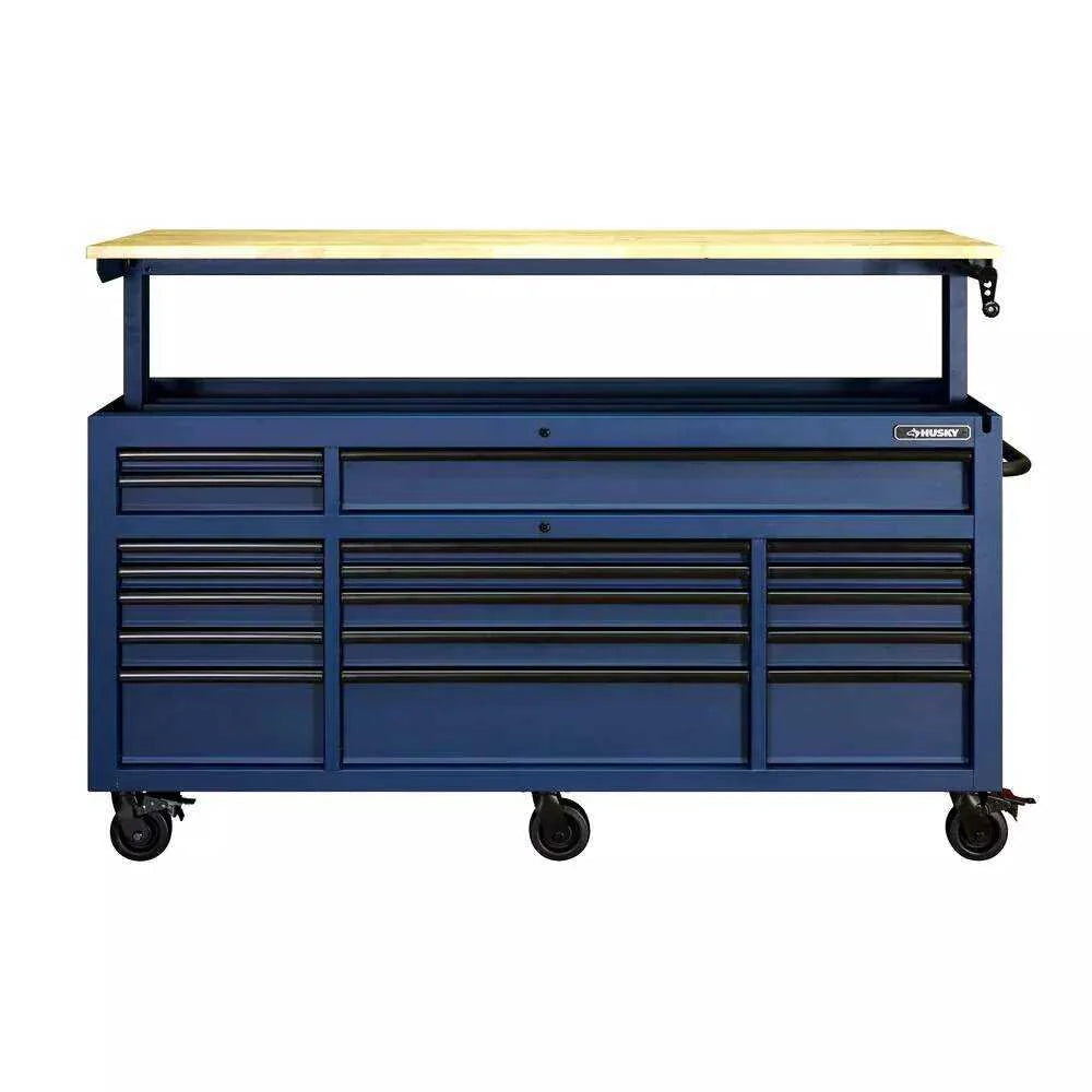 72 IN. 18-DRAWER MOBILE WORKBENCH WITH ADJUSTABLE-HEIGHT SOLID WOOD TOP IN MATTE BLUE