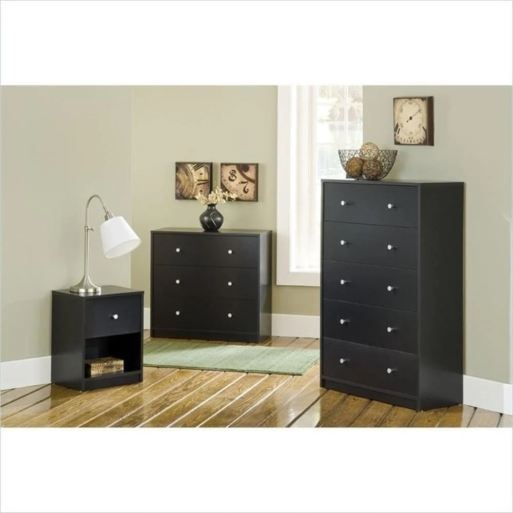 3-Pc Scandinavian Design Engineered Wood Bedroom Furniture Set with 3-Drawer Chest  6-Drawer Double Dresser  1-Drawer Nightstand, Pewter Plastic Handles, Smooth Plastic Glides, in Black(3)