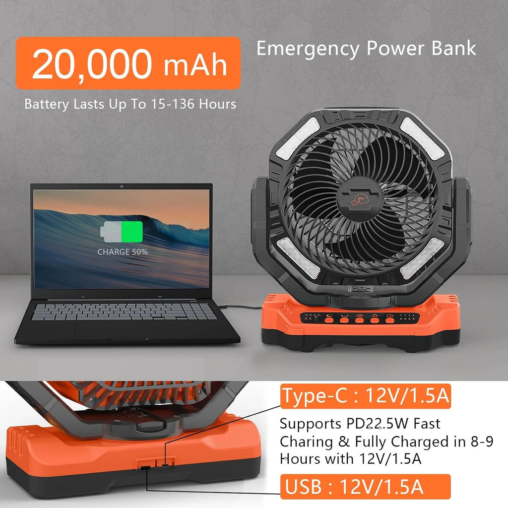 40,000mAh Battery Operated Fan, 13" Remote Camping Fan with LED Auto-Oscillating Rechargeable Fan Powerful Portable Desk Fan for Home, Camping, RV, Courtyard, Picnic, Emergency Power(20000mAh/Black)