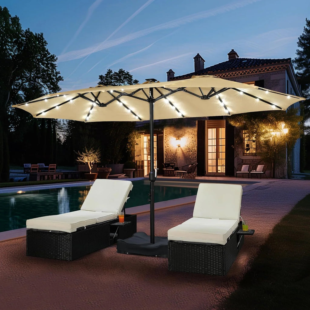 15 ft Large Patio Umbrella with Solar Lights Double-Sided Outdoor Rectangle Market Umbrellas with 36 LED Lights/Base Included/Easy Crank for Patio Garden Yard Pool Lawn, Brown(Brown/15FT)