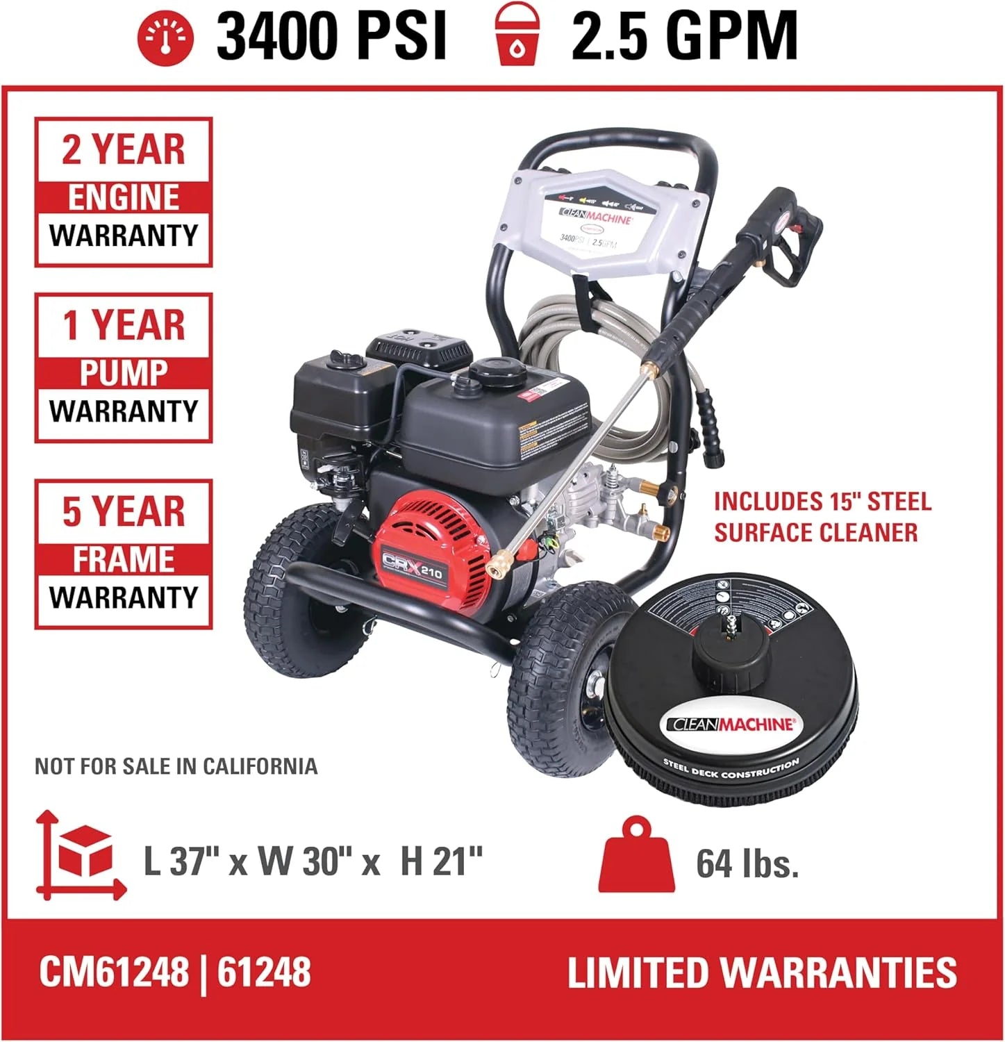 Cleaning CM61083 Clean Machine 3400 PSI Gas Pressure Washer, 2.5 GPM, CRX Engine, Includes Spray Gun and Wand, 4 QC Nozzle Tips, 5/16-in. x 25-ft. MorFlex Hose.(3500 PSI Kohler SH270)