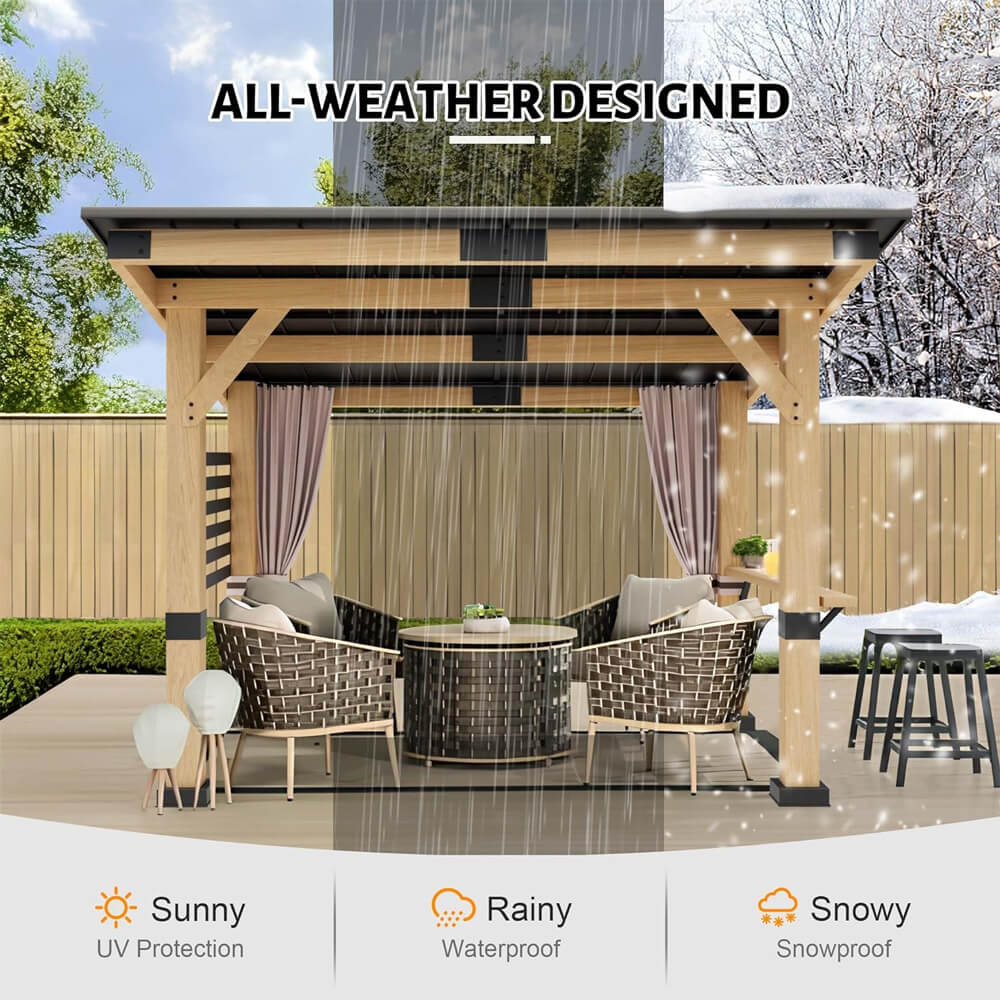 [10x12FT] Heavy Duty Premium Outdoor All-Season Wooden Cedar Hardtop Gazebo With Metal Roof  Back Curtains (SAK57184)(Buy 1)