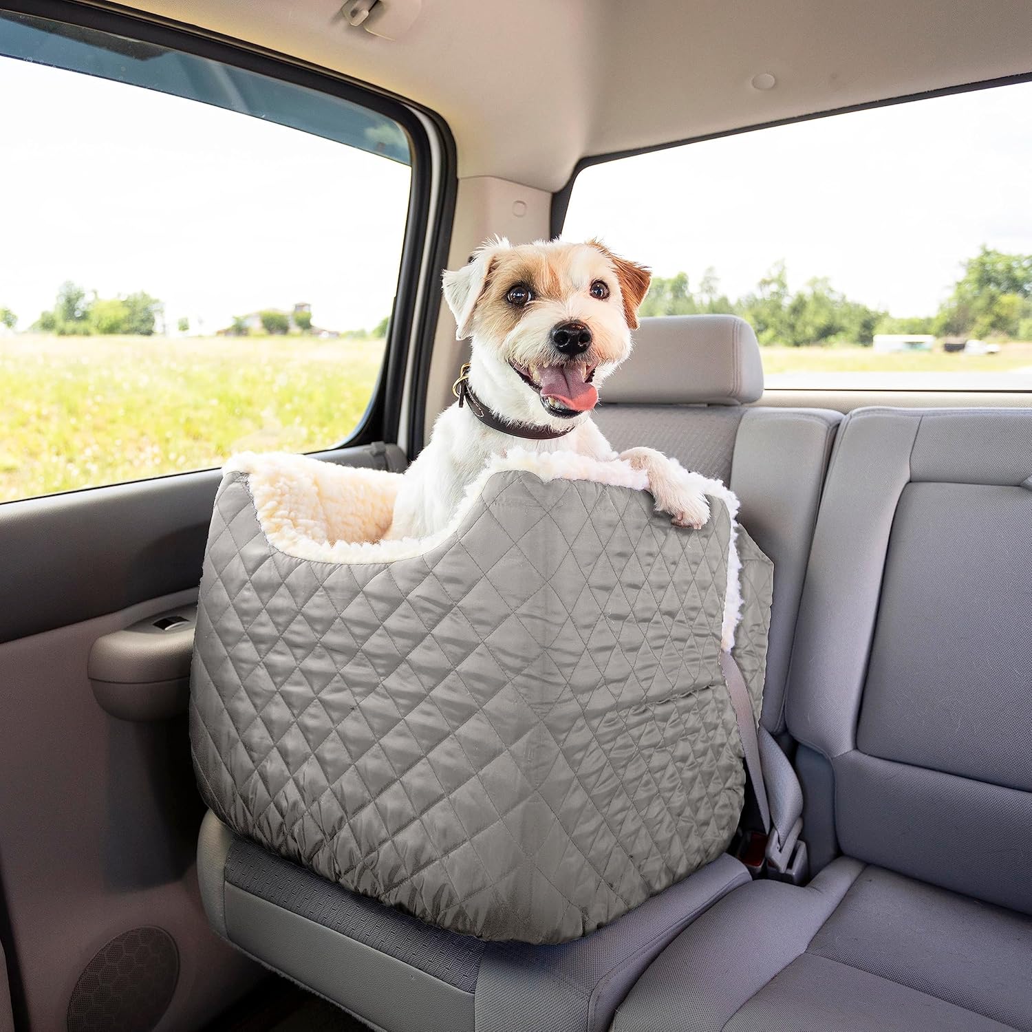 Dog Booster Car Seat for Small Dogs 515lbs, Anti-Car Sickness, Washable Cover(Khaki Quilted)