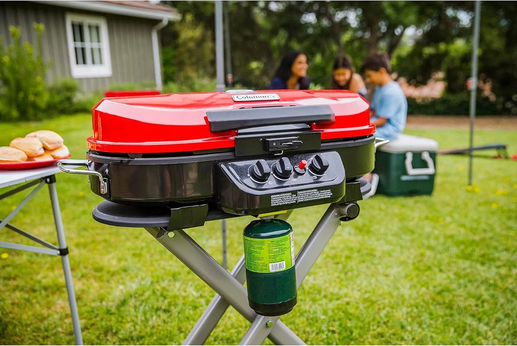 RoadTrip Portable Stand-Up Propane Grill with 3 Adjustable Burners  Instastart Ignition, 20,000 BTUs of Power for Outdoor Cooking(Red)