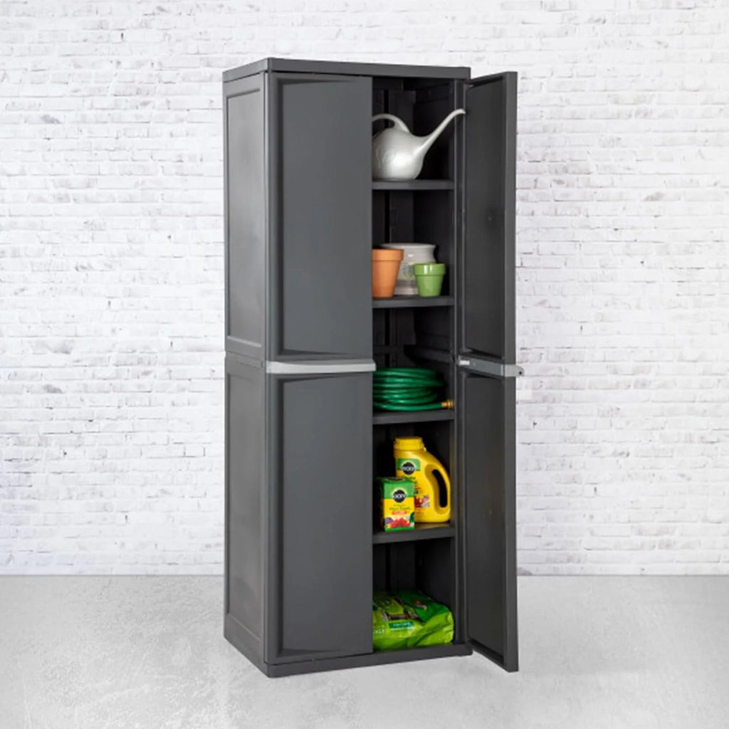 Storage Cabinet, Rugged Plastic Garage Organizer with Double Doors, 4 Adjustable Shelves, Gray(One Size/2 Pack)