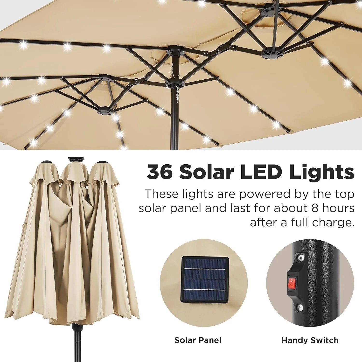 15 ft Large Patio Umbrella with Solar Lights Double-Sided Outdoor Rectangle Market Umbrellas with 36 LED Lights/Base Included/Easy Crank for Patio Garden Yard Pool Lawn, Brown(Brown/15FT)