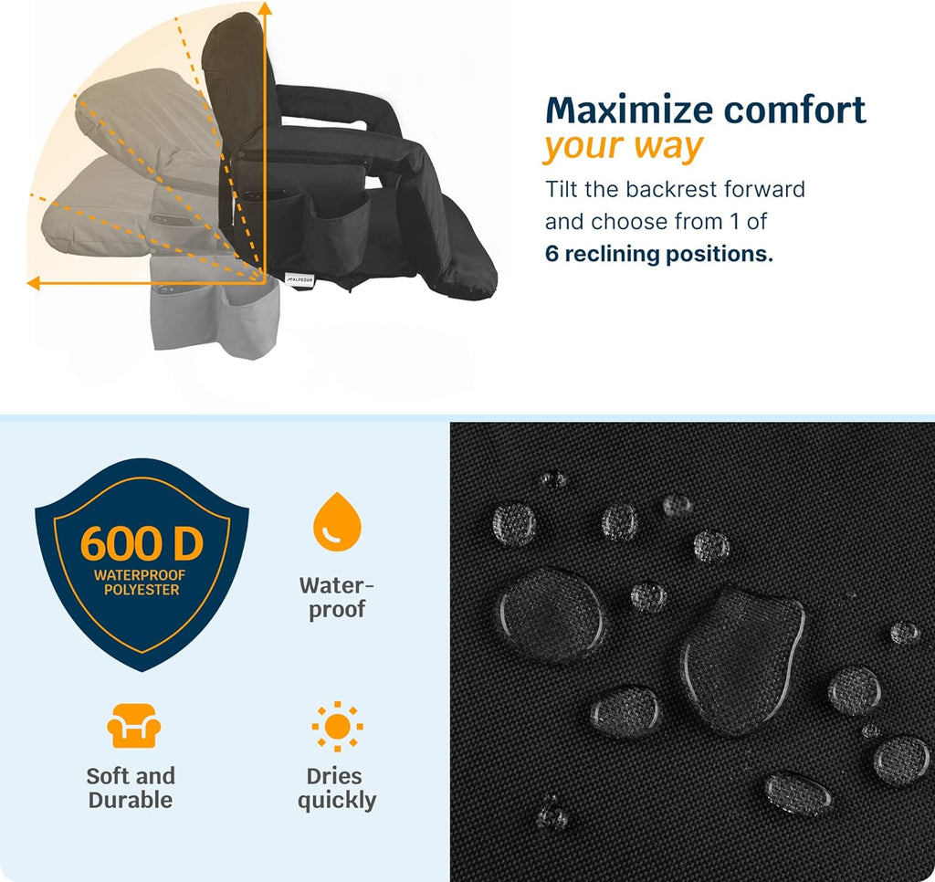 Heating Massage Stadium Seat – Deluxe Reclining Bleacher Chair with Back  Arm Support – Built-in Heater and Massager - Extra Thick, Lightweight and Waterproof with Detachable Pockets(Wide/Deluxe)