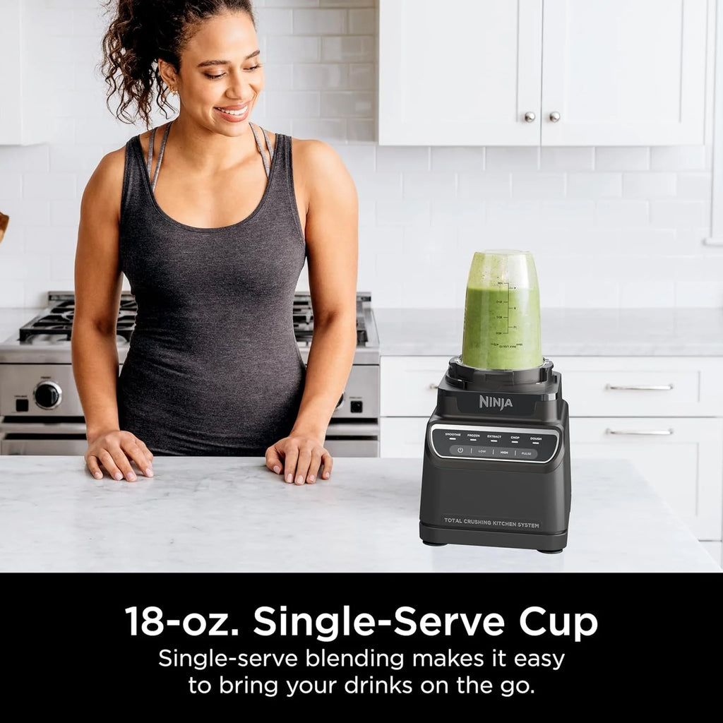 Mega Kitchen System, 1500W, 4 Functions for Smoothies, Processing, Dough, Drinks  More, with 72-oz.* Blender Pitcher, 64-oz. Processor Bowl, (2) 16-oz. To-Go Cups  (2) Lids, Black(Pitcher+Bowl+(2) 18-oz. Cups)