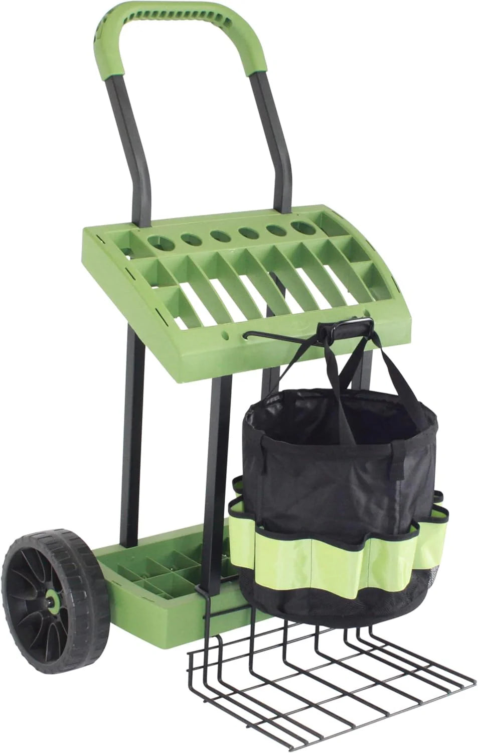 Garden Tool Carrier with Loading Bucket  Lift Board, Wheeled Tool Bag for Rakes, Shovels, Hoes Storage  Transport