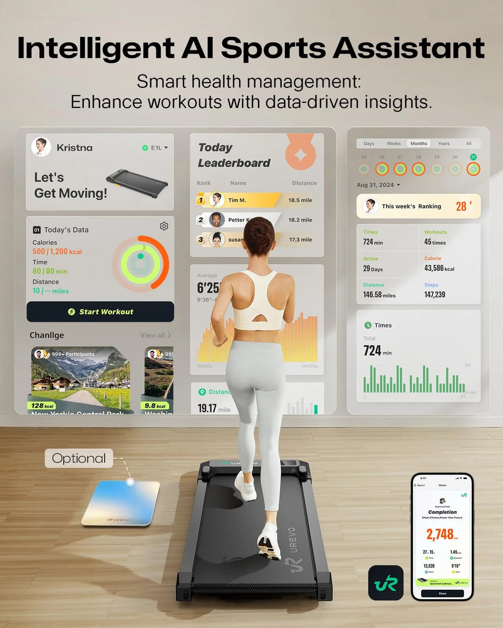 UREVO Smart Walking Pad, Compact Under Desk Treadmill(Black)