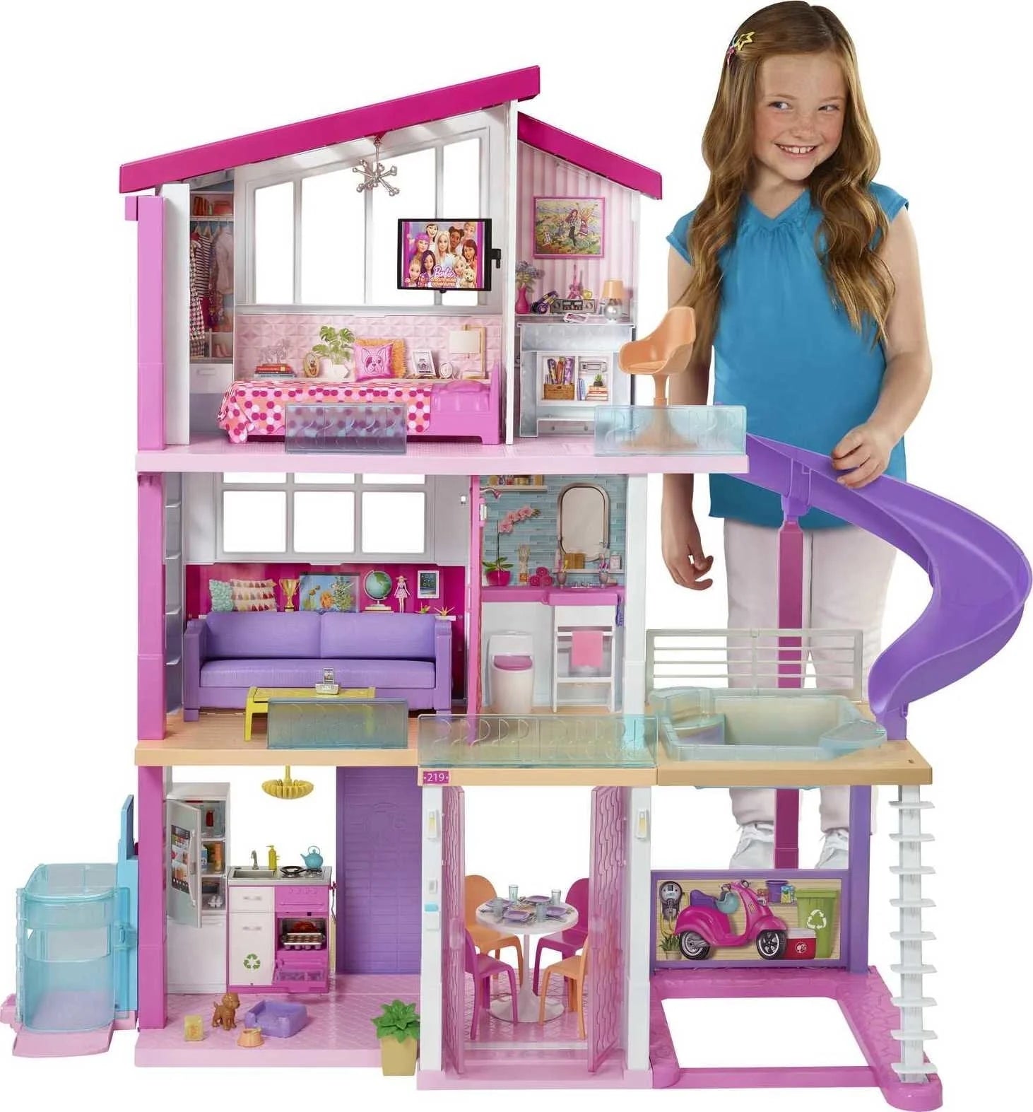 Barbie DreamHouse Dollhouse with Elevator, Pool, Lights  70+ Accessories 3-Story Playset