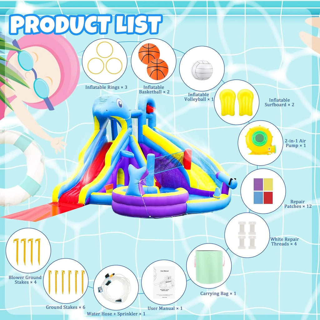 11-in-1 Inflatable Water Slide  Dolphin Bounce House w/2 Long Slides, 19.7 Ft x 13.1 Ft Extra Large Waterslide Climbing Wall w/Small Deeper Pool,Water Cannons,Hoop for Kids Backyard,550W Blower