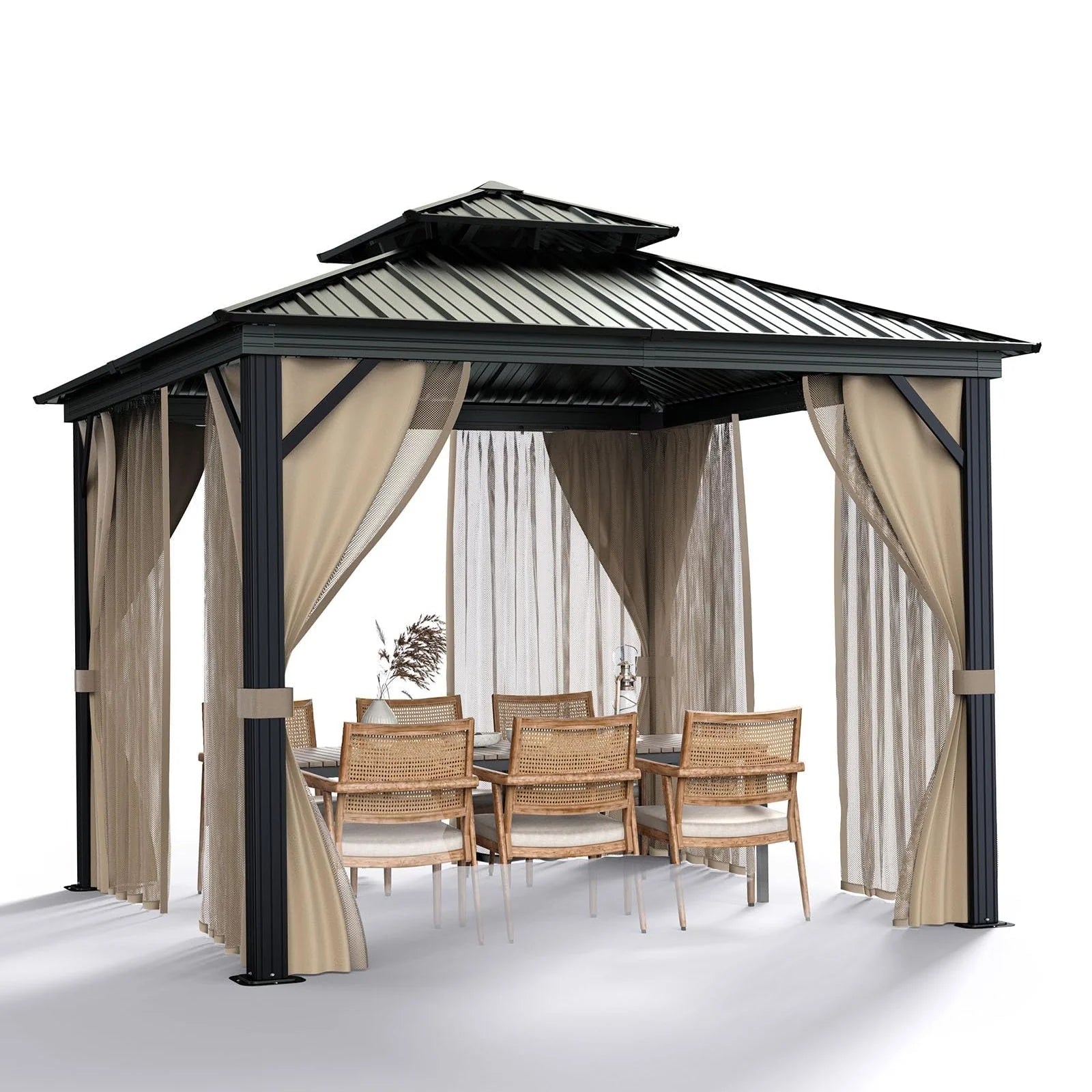 10’x10′ Hardtop Gazebo with double metal roof, aluminum frame, net, and curtain. All-weather, ideal for patio, deck, garden, backyard. Khaki.(Khaki/10x10FT)