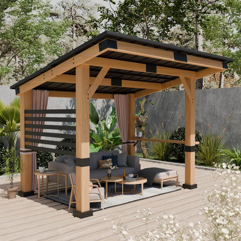 [10x12FT] Heavy Duty Premium Outdoor All-Season Wooden Cedar Hardtop Gazebo With Metal Roof  Back Curtains (SAK57184)(Buy 1)