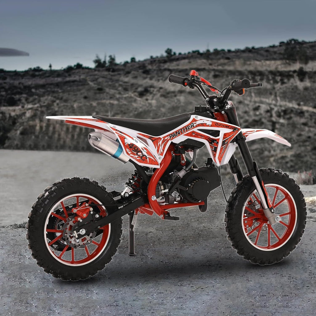 49cc Kids Dirt Bike, Gas Powered 2-Stroke Mini Motocross Motorcycle, Off-Road Dirtbike for Kids 8-14 with Front/Rear Disc Brakes, Shock Absorption, Soft Seat Cushion(Red-a)