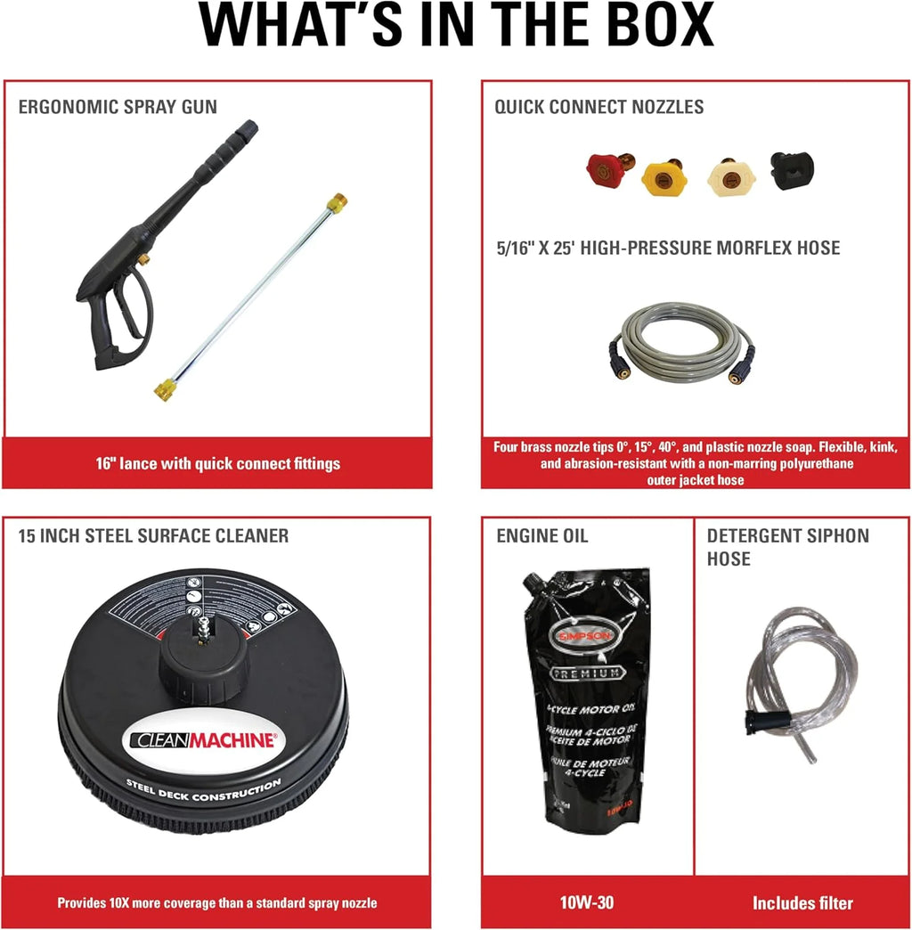 Cleaning CM61083 Clean Machine 3400 PSI Gas Pressure Washer, 2.5 GPM, CRX Engine, Includes Spray Gun and Wand, 4 QC Nozzle Tips, 5/16-in. x 25-ft. MorFlex Hose.(3500 PSI Kohler SH270)
