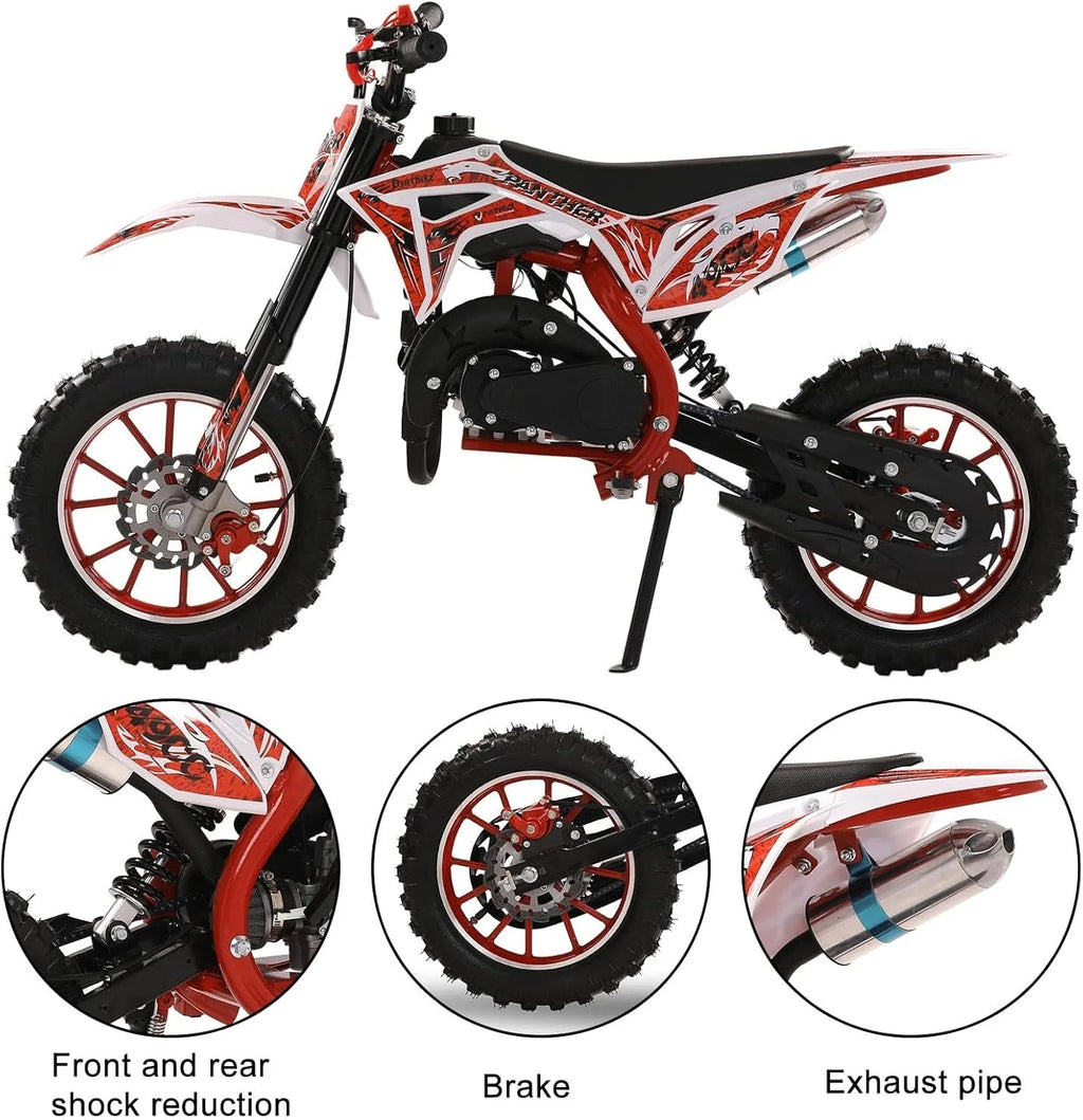 49cc Kids Dirt Bike, Gas Powered 2-Stroke Mini Motocross Motorcycle, Off-Road Dirtbike for Kids 8-14 with Front/Rear Disc Brakes, Shock Absorption, Soft Seat Cushion(Red-a)
