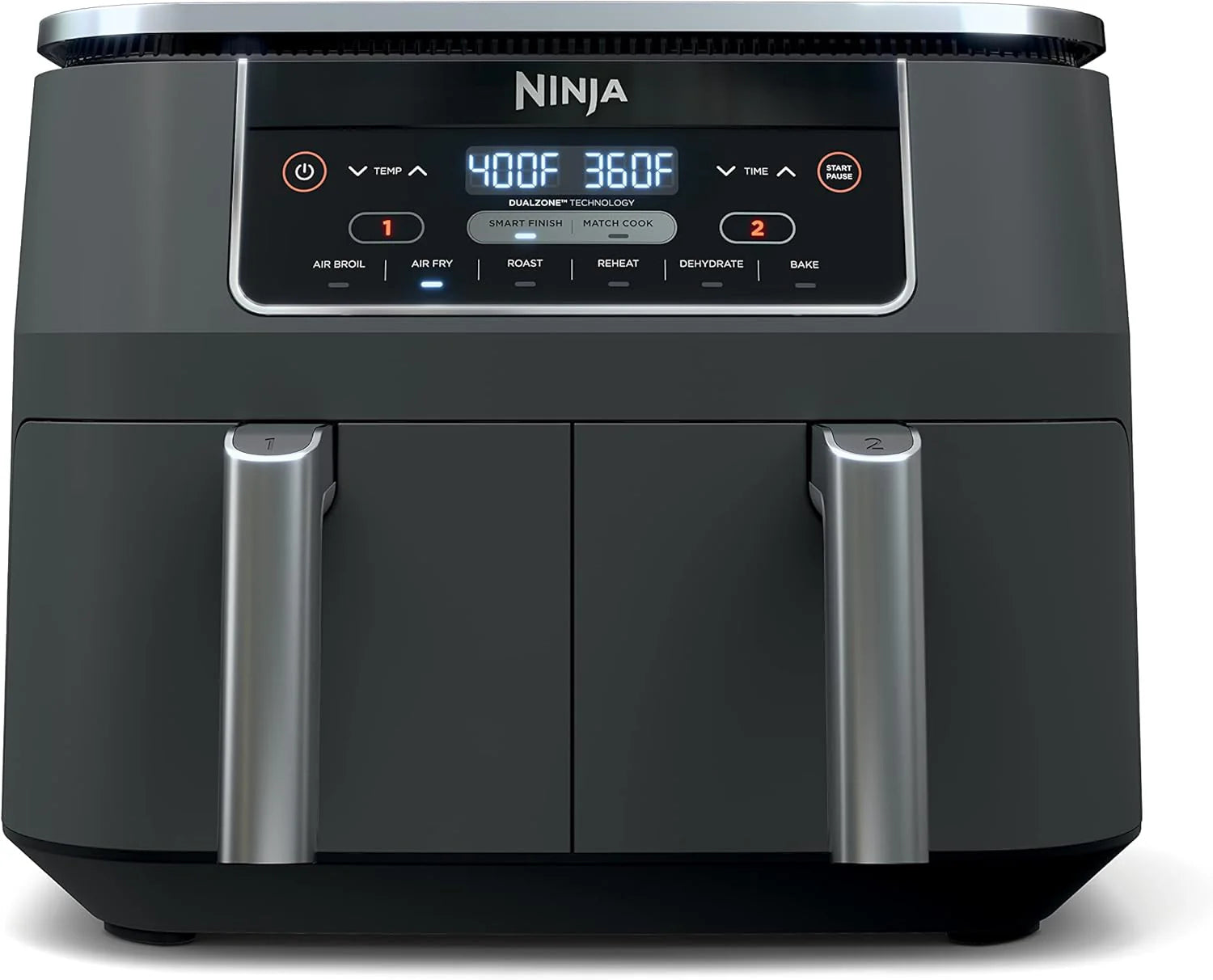 10Gal 6-in-1 Dual-Zone Smart Air Fryer Oven, 25Gal Independent Baskets, Smart Cooking Thermometer, Sync Cook, Air Fry/Bake/Roast/Dehydrate/Heat/Reheat, Gray(8 Quart)