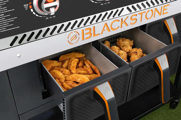 Blackstone 1962 Air Fryer Combo  Two Burners Stainless Steel Gas Hood, Wheels, Two Side Shelf – Heavy Duty Outdoor Griddle Station for Backyard, Patio, 28 inch Black