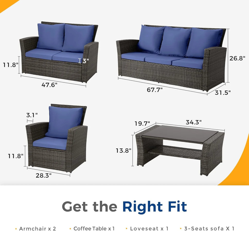 Wisteria Lane 4 Piece Outdoor Patio Furniture Sets, Wicker Conversation Set for Porch Deck, Grey Rattan Sofa Chair with Cushion （Blue(5/Blue)