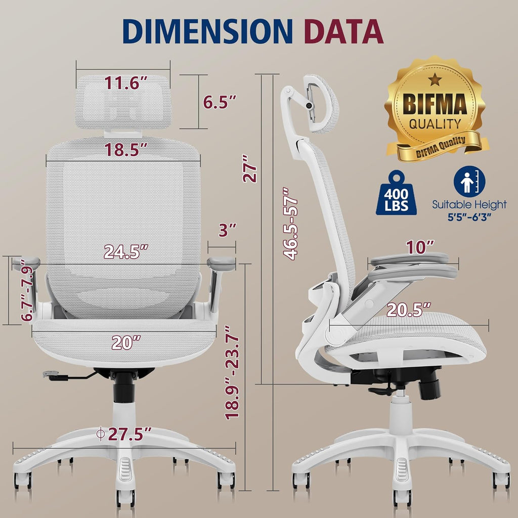 GABRYLLY Ergonomic Office Chair, High Back Home Desk Chair with Headrest, Flip-Up Arms, 90-120° Tilt Lock and Wide Cushion, Big and Tall Mesh Chairs for Man Woman, Black Task Chair(White Frame Orange Mesh)