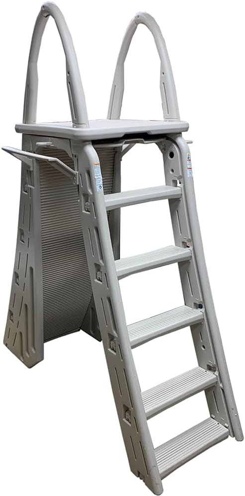 Confer Plastics 7200 Roll Guard 48" to 56" Adjustable A Frame Safety Ladder for Above Ground Outdoor Patio Swimming Pool Platform Ladder with Step Barrier, Warm Grey…(Warm Grey)